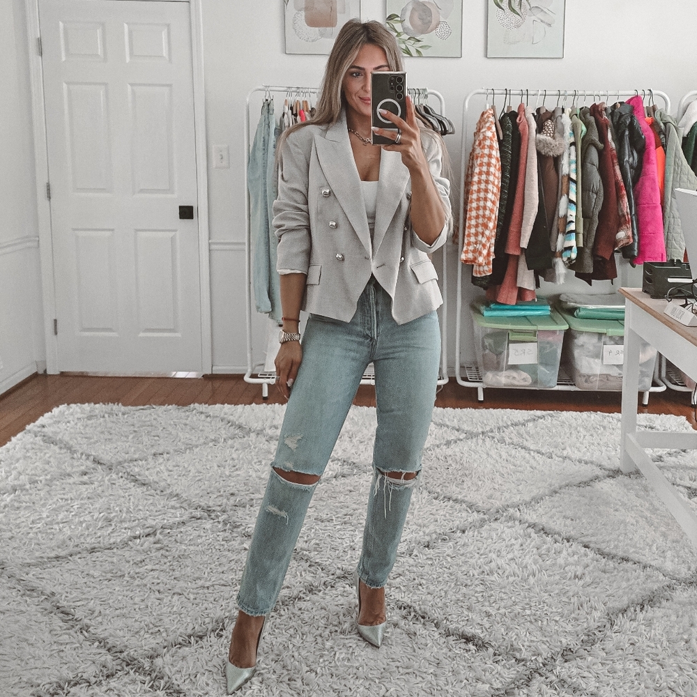 Zara gray double breasted cropped blazer jacket size L - Picture 3 of 11